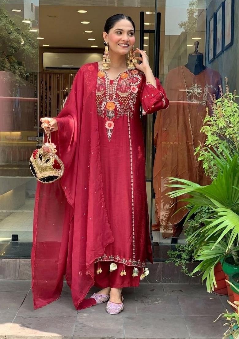 Maroon Embroidery Chanderi Anarkali Set - Indya