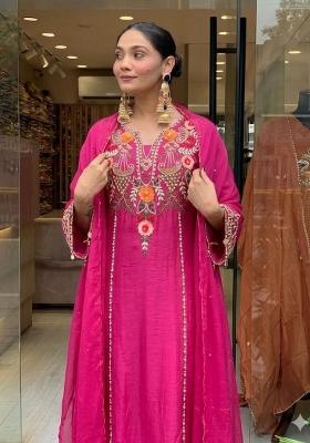 Pink Embroidery Chanderi Anarkali Set