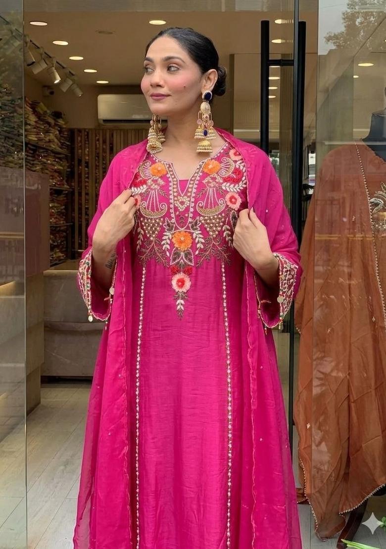 Pink Embroidery Chanderi Anarkali Set - Indya