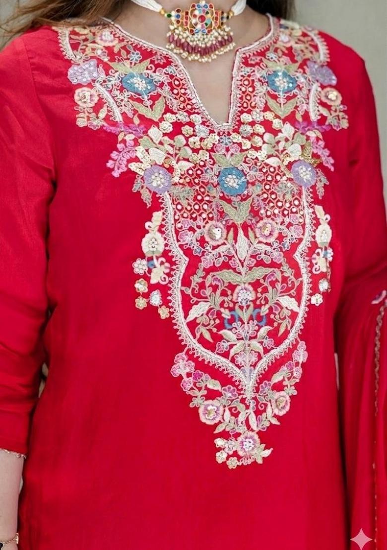 Pink Embroidery Silk Kurta Set - Indya