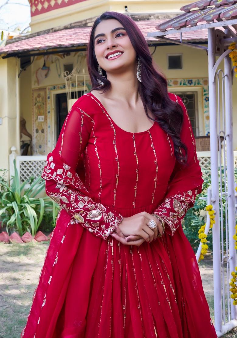 Red Embroidery Georgette Anarkali With Dupatta - Indya
