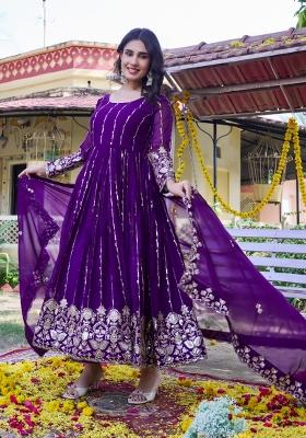Purple Embroidery Georgette Anarkali With Dupatta