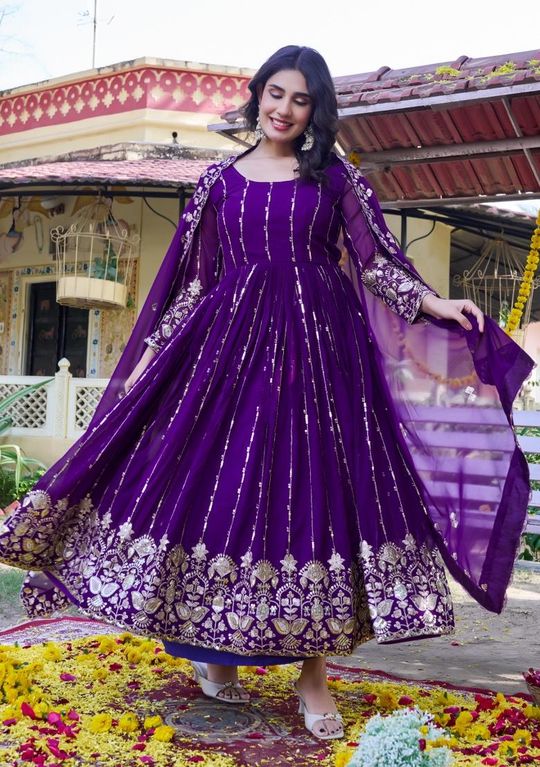 Purple Embroidery Georgette Anarkali With Dupatta - Indya