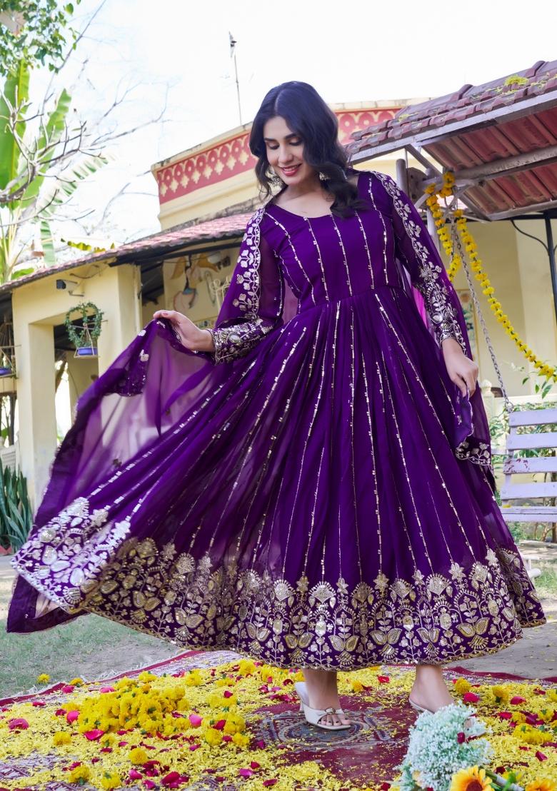 Purple Embroidery Georgette Anarkali With Dupatta - Indya