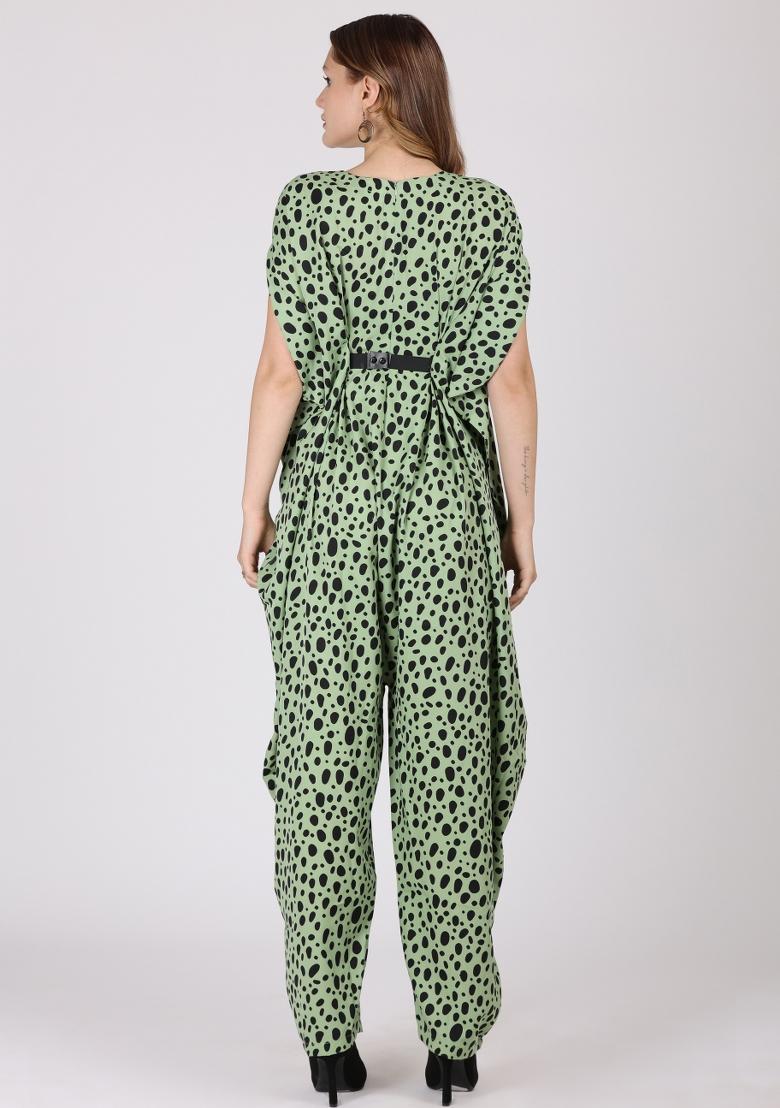 Pastel Green Printed Crepe Jump Suit - Indya