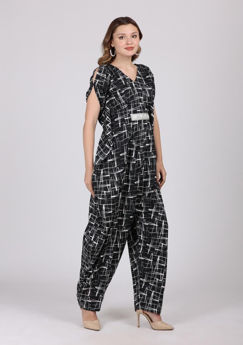 Black Printed Crepe Jump Suit - Indya