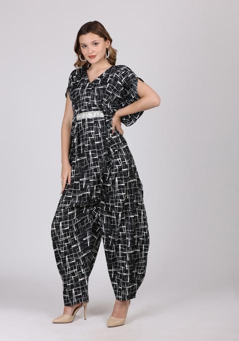 Black Printed Crepe Jump Suit