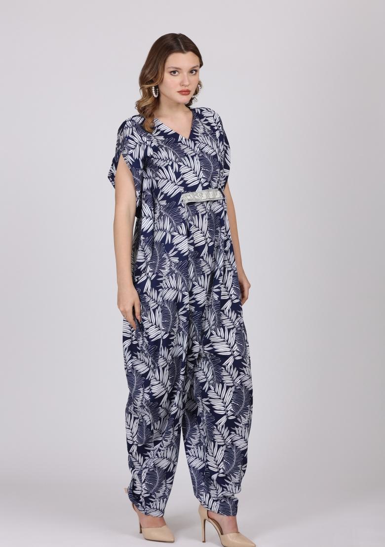 Blue Printed Crepe Jump Suit - Indya