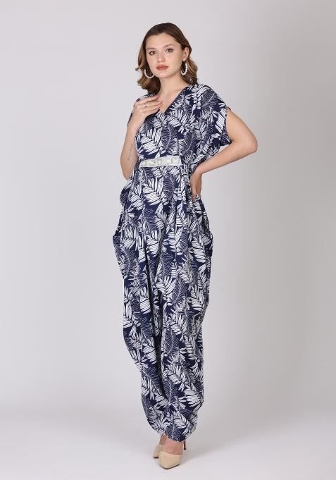 Blue Printed Crepe Jump Suit
