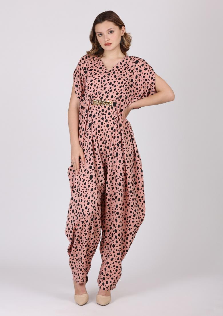 Peach Printed Crepe Jump Suit - Indya