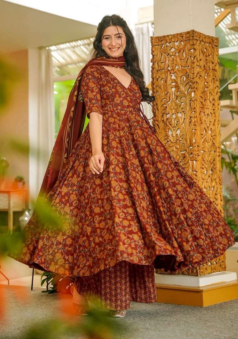 Multicolor Printed Muslin Anarkali Set - Indya