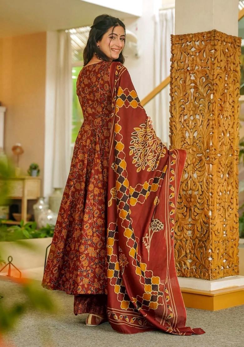 Multicolor Printed Muslin Anarkali Set - Indya
