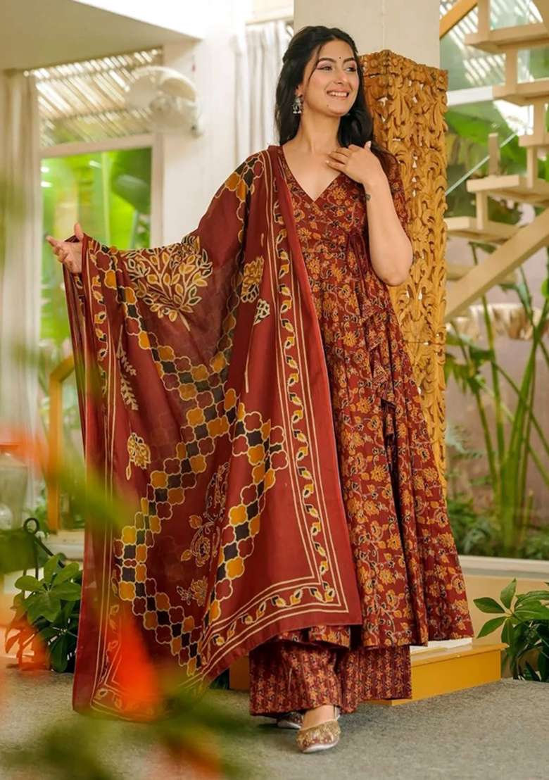 Multicolor Printed Muslin Anarkali Set - Indya