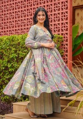 Multicolor Printed Muslin Anarkali Set