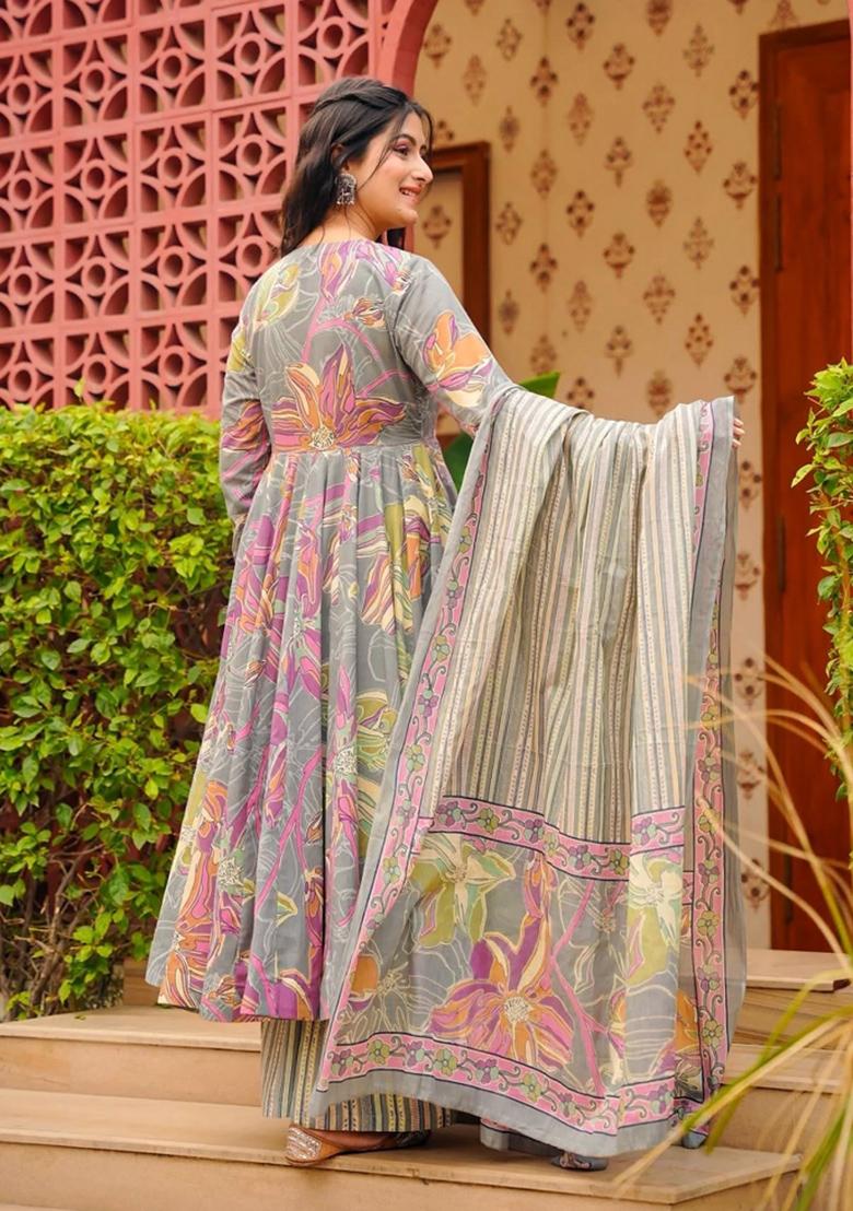 Multicolor Printed Muslin Anarkali Set - Indya