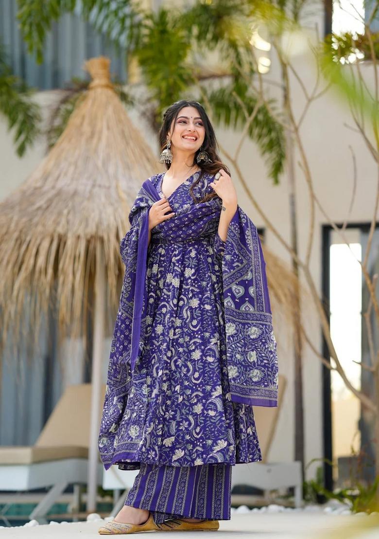 Multicolor Printed Muslin Anarkali Set - Indya