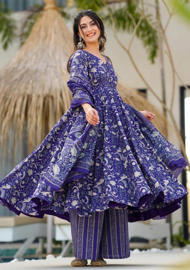 Multicolor Printed Muslin Anarkali Set - Indya