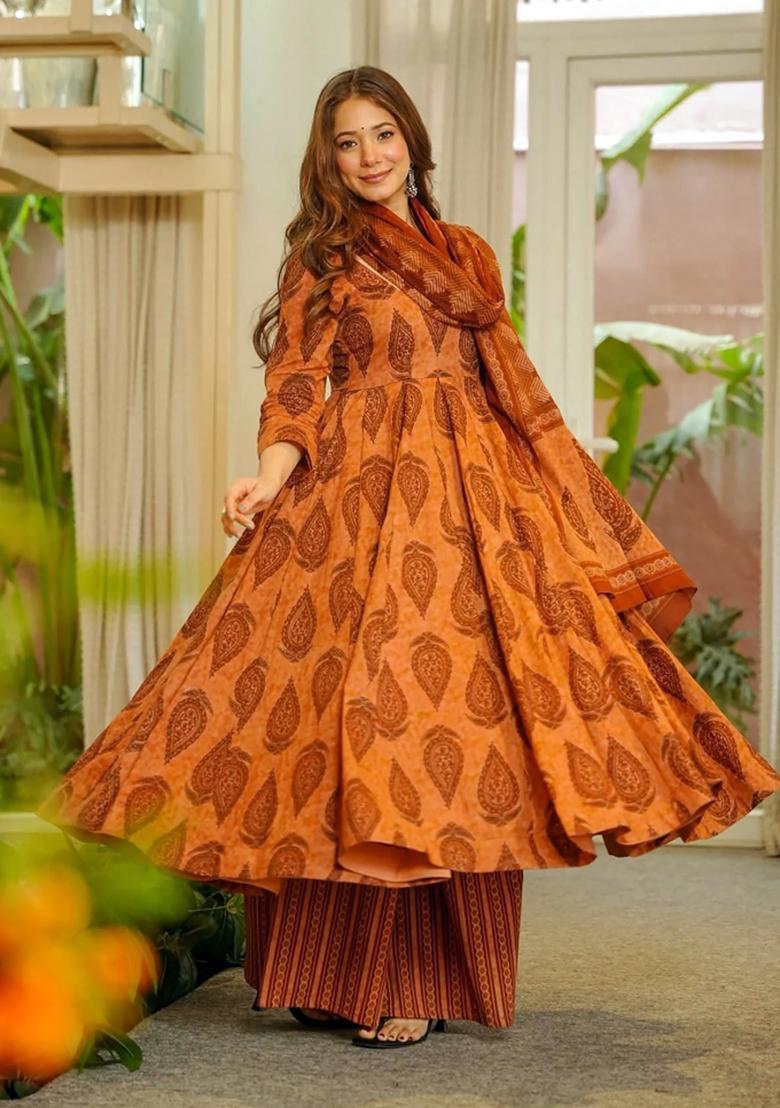 Multicolor Printed Muslin Anarkali Set - Indya