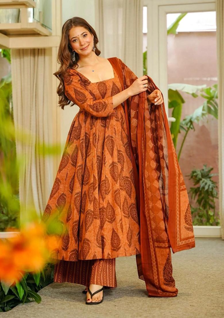 Multicolor Printed Muslin Anarkali Set - Indya