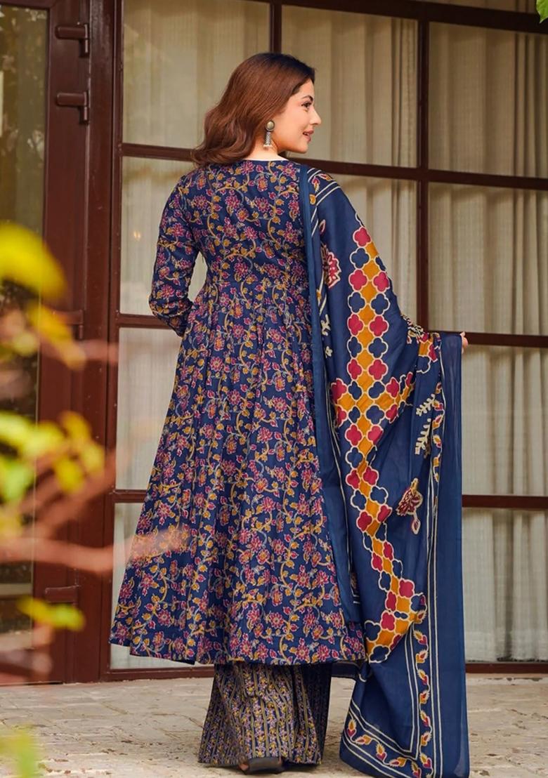 Multicolor Printed Muslin Anarkali Set - Indya