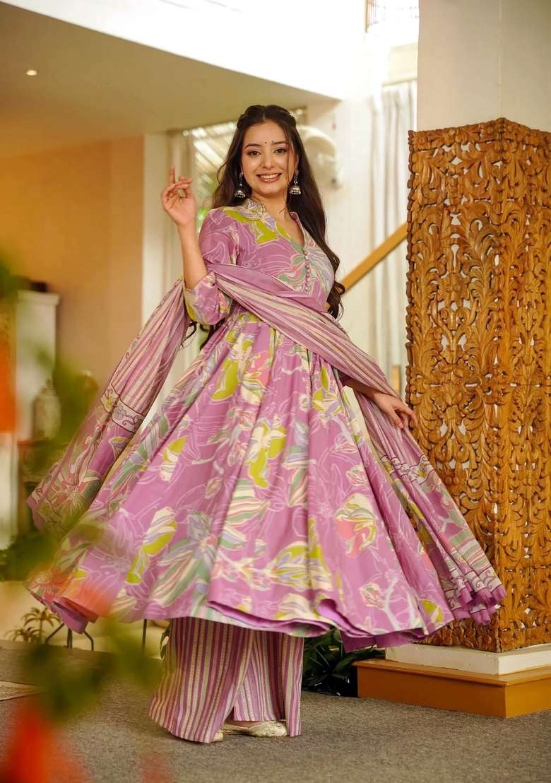 Multicolor Printed Muslin Anarkali Set - Indya
