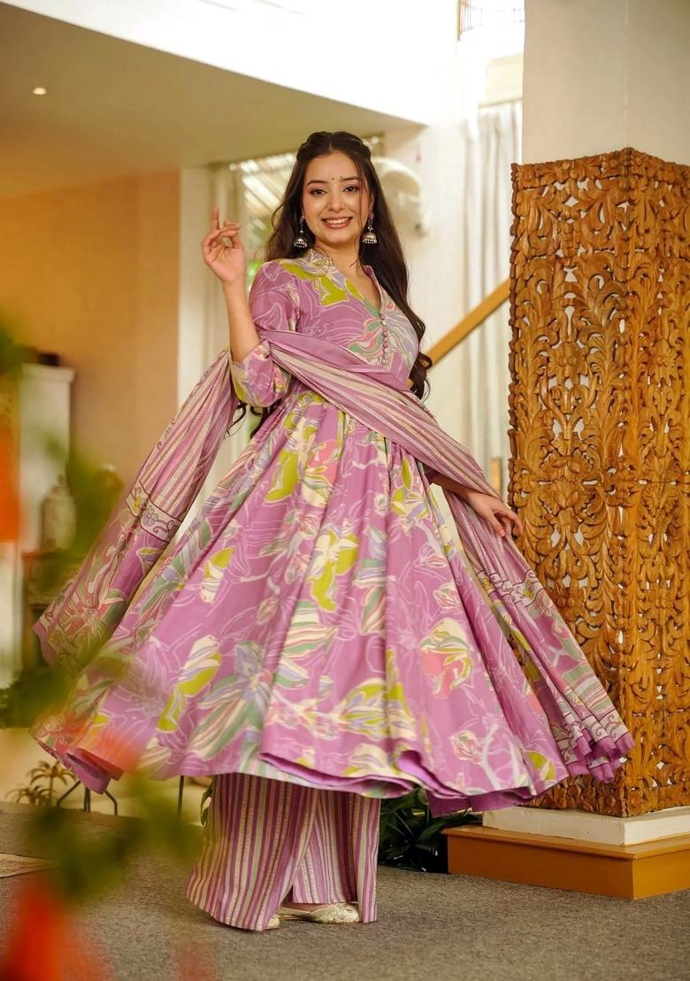 Multicolor Printed Muslin Anarkali Set - Indya