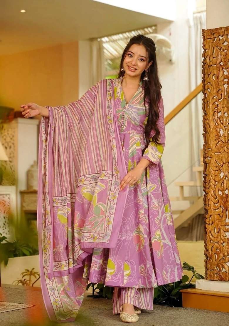 Multicolor Printed Muslin Anarkali Set - Indya