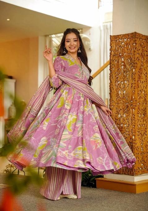 Multicolor Printed Muslin Anarkali Set