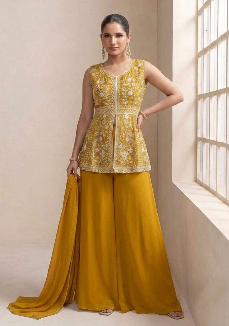 Yellow Embroidery Georgette Salwar Suit Set - Indya