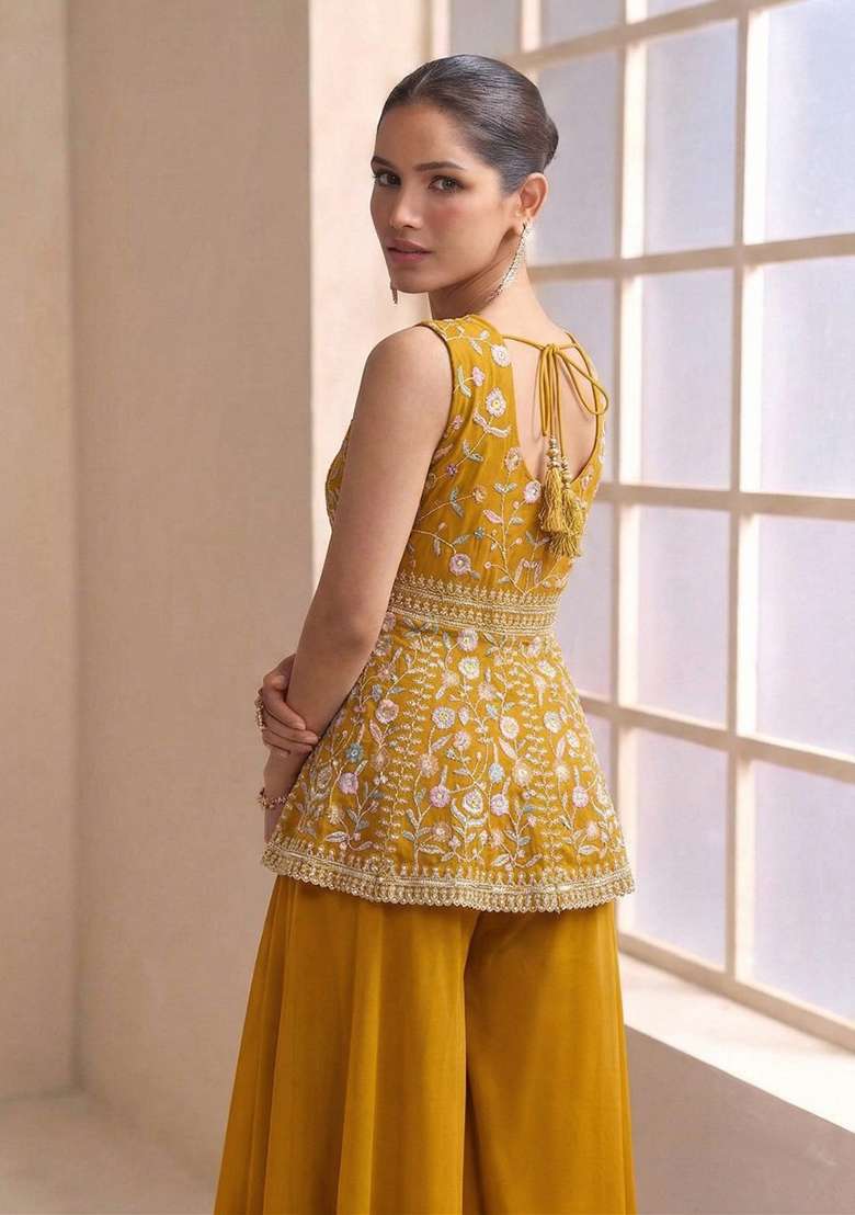Yellow Embroidery Georgette Salwar Suit Set - Indya