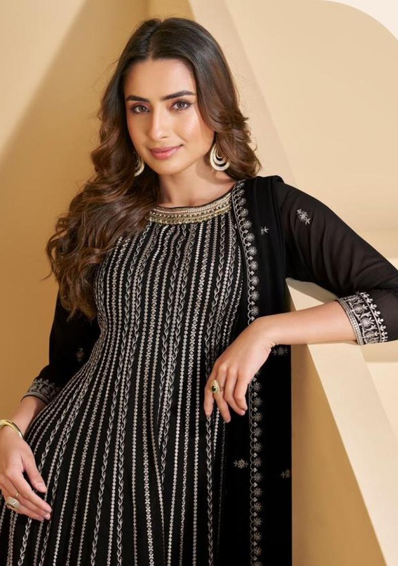 Black Sequins Georgette Salwar Suit Set - Indya