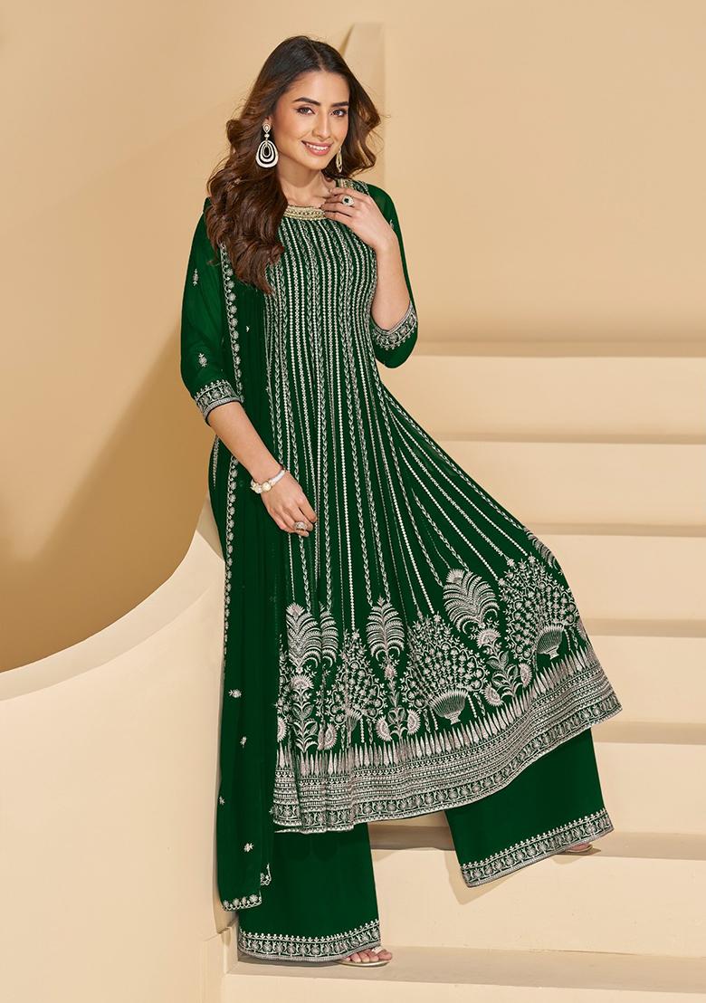 Dark Green Sequins Georgette Salwar Suit Set - Indya
