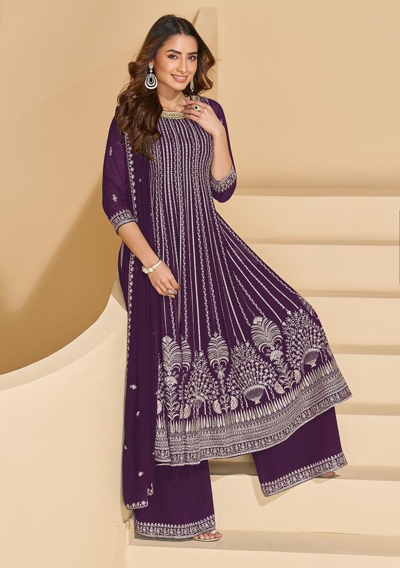Violet Sequins Georgette Salwar Suit Set - Indya