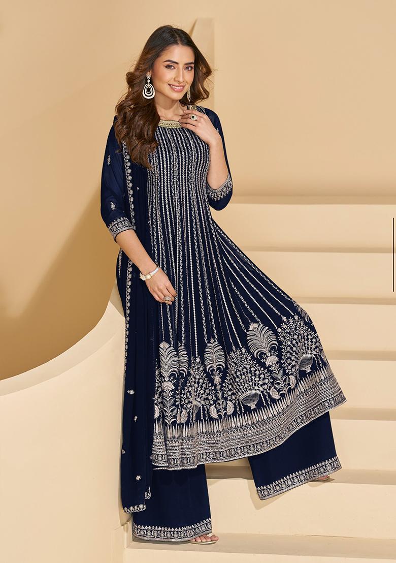 Navy Blue Sequins Georgette Salwar Suit Set - Indya