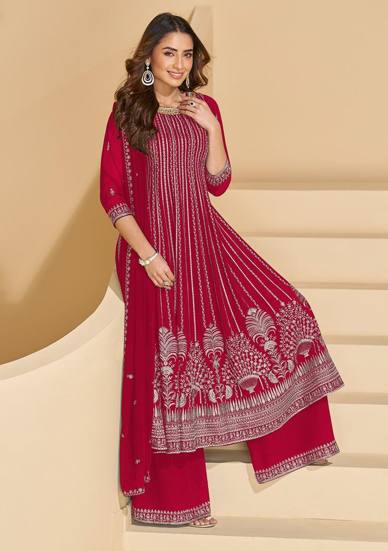 Dark Pink Sequins Georgette Salwar Suit Set - Indya