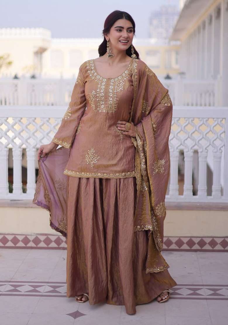 Brown Embroidery Fendi Sharara Set - Indya