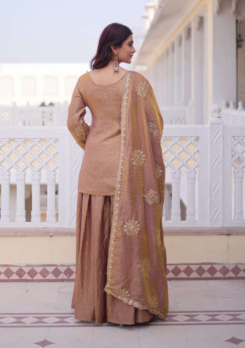 Brown Embroidery Fendi Sharara Set - Indya