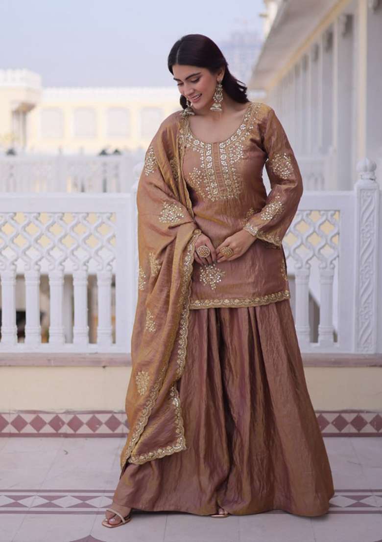 Brown Embroidery Fendi Sharara Set - Indya