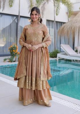 Beige Embroidery Silk Sharara Set
