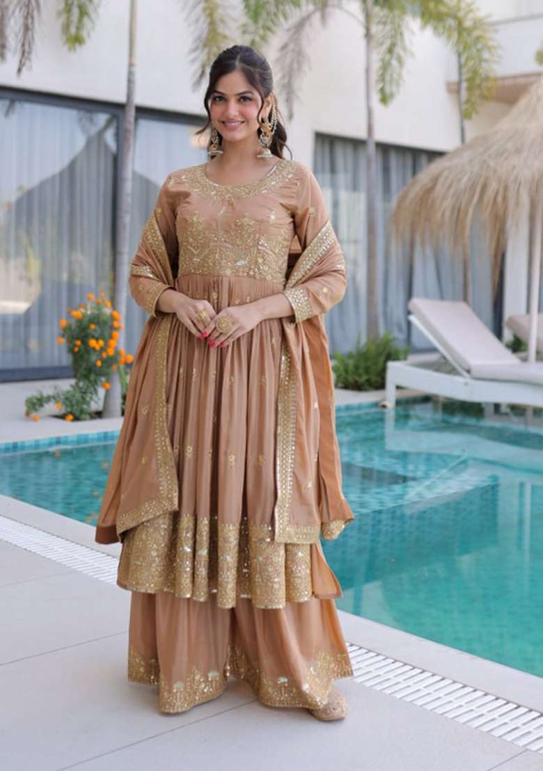 Beige Embroidery Silk Sharara Set - Indya