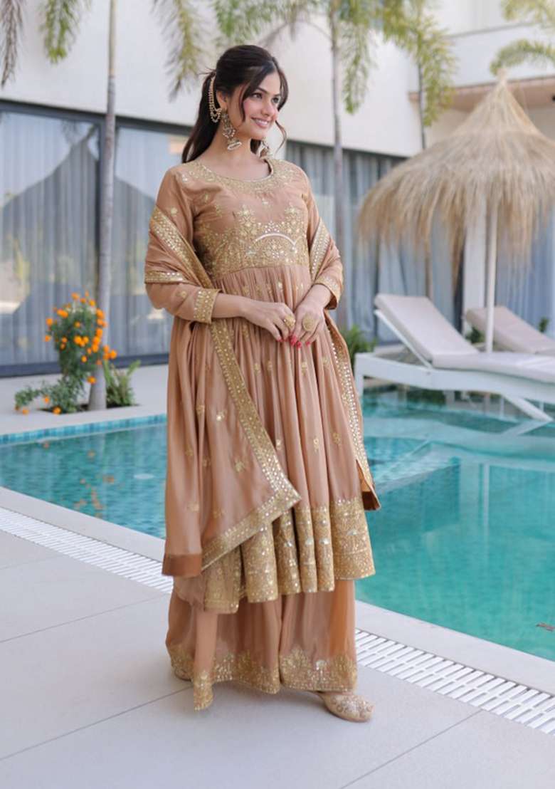Beige Embroidery Silk Sharara Set - Indya