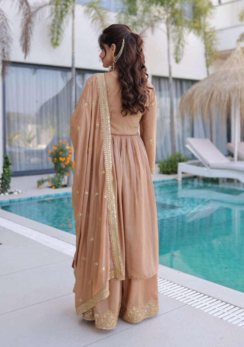 Beige Embroidery Silk Sharara Set - Indya