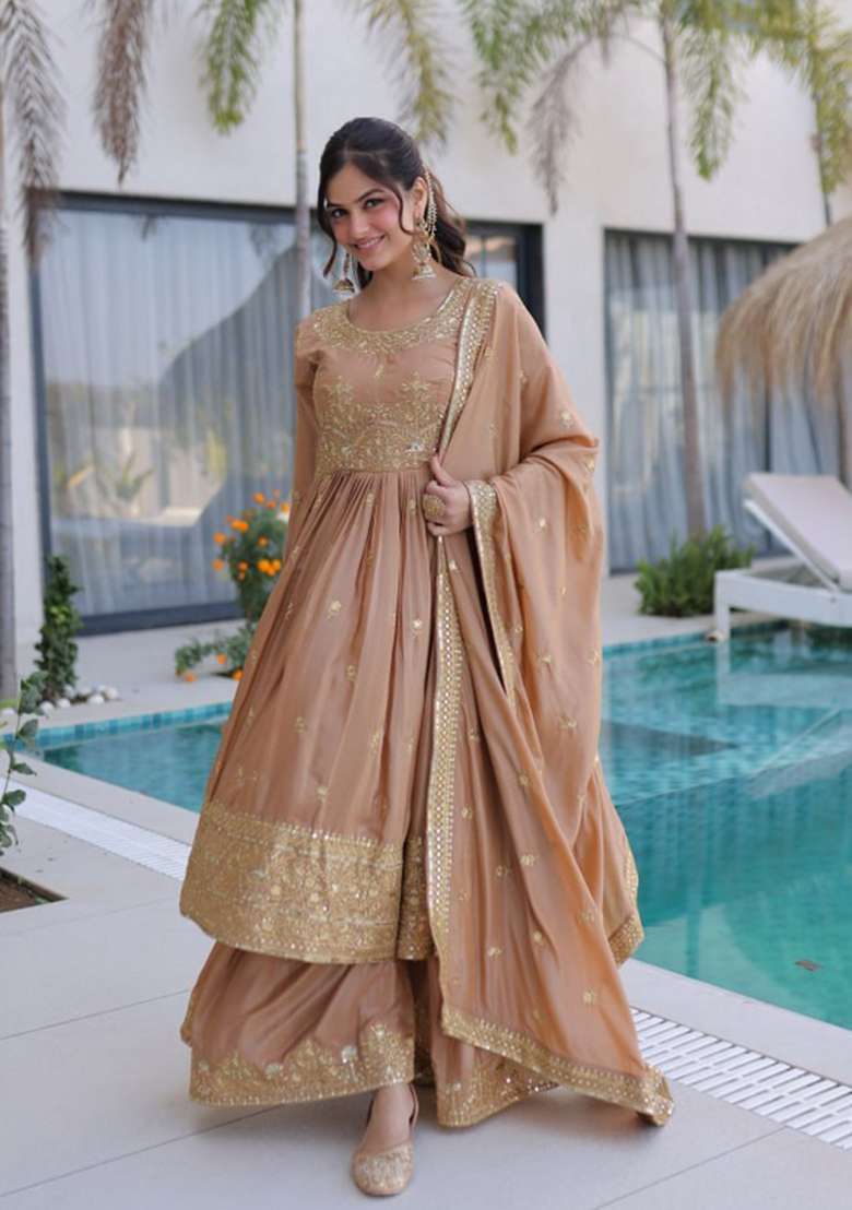 Beige Embroidery Silk Sharara Set - Indya