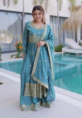 Sea Blue Embroidery Silk Sharara Set