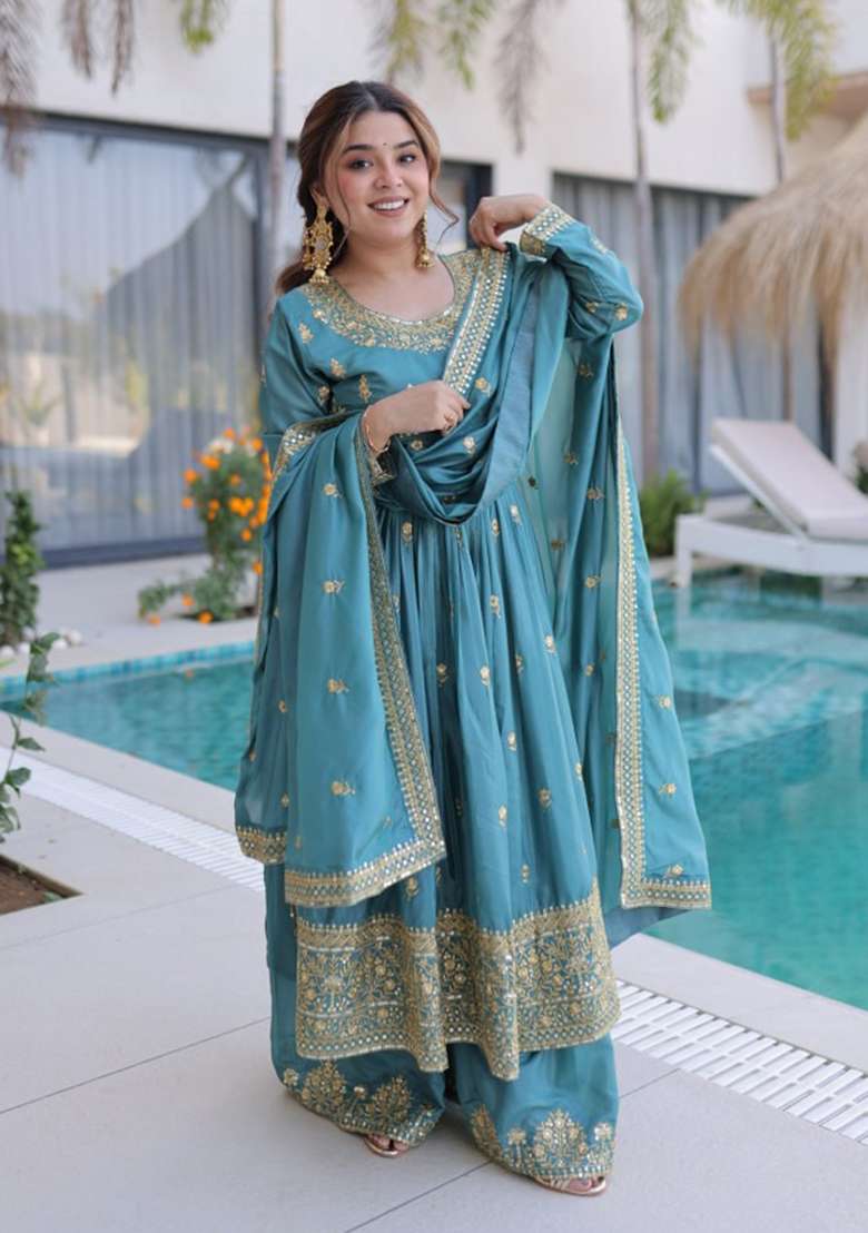Sea Blue Embroidery Silk Sharara Set - Indya