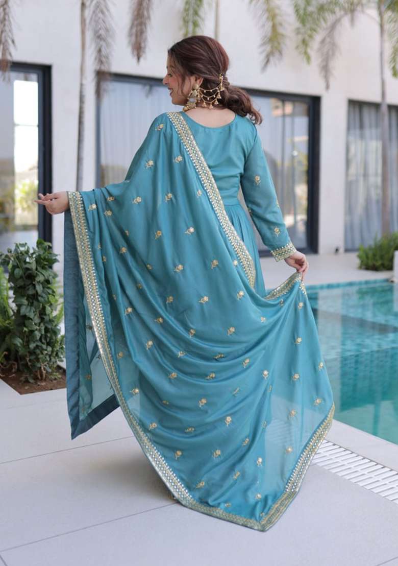 Sea Blue Embroidery Silk Sharara Set - Indya