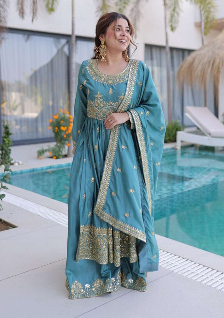 Sea Blue Embroidery Silk Sharara Set - Indya
