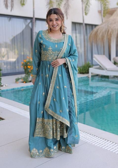 Sea Blue Embroidery Silk Sharara Set