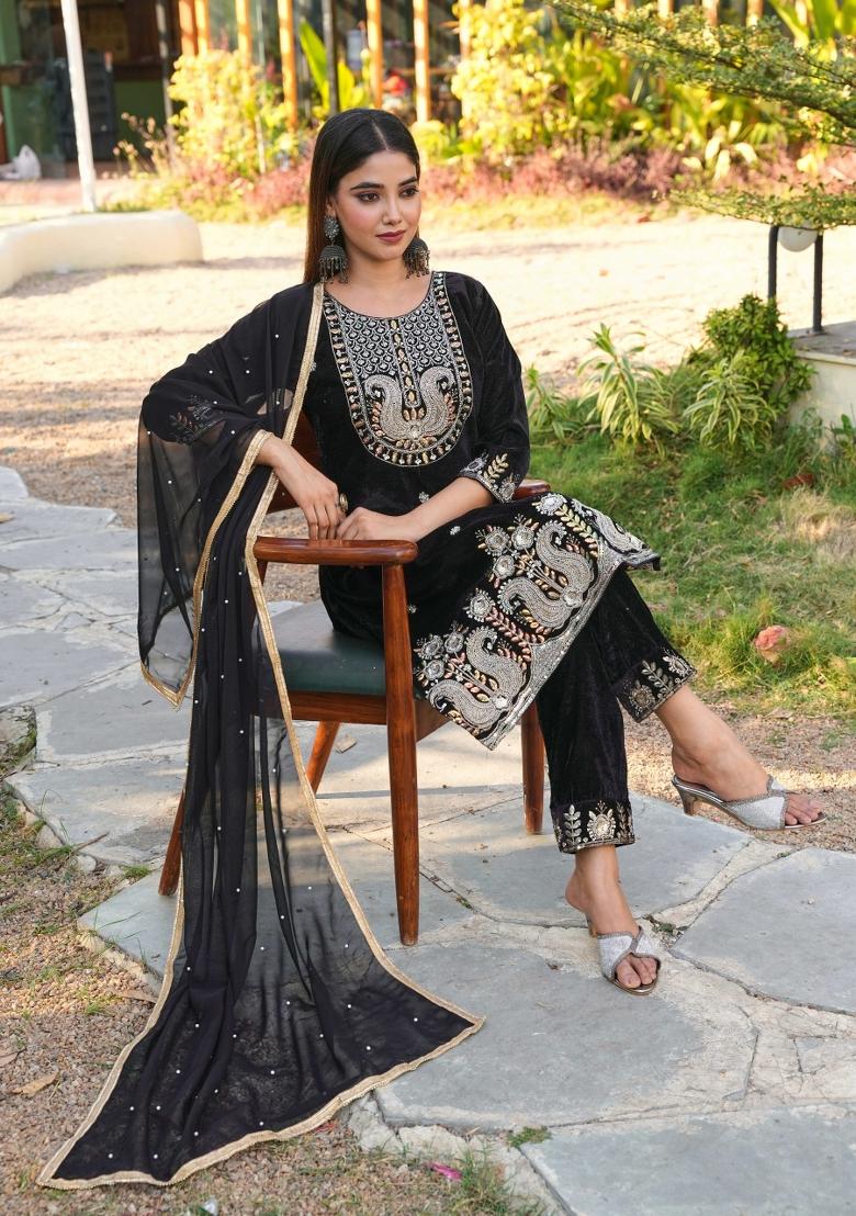 Black Sequins Velvet Salwar Suit Set - Indya