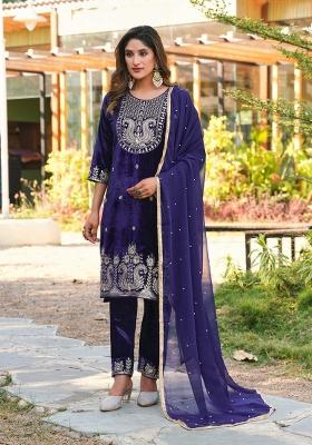 Blue Sequins Velvet Salwar Suit Set